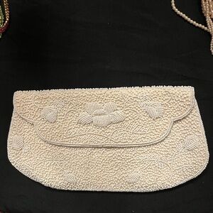 Vintage Cream Beaded Clutch with Floral Design Magid Japan